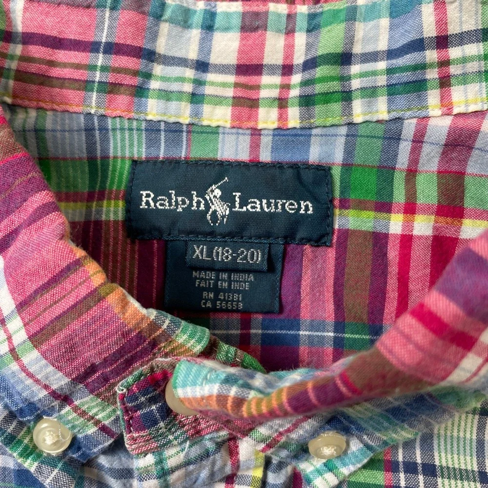 Ralph‎ Lauren Boys XL (18-20) Plaid Button Up Short Sleeve 100% Cotton